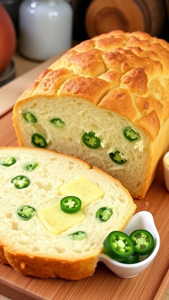 Sliced jalapeño cheddar bread with visible jalapeños and cheese, on a cutting board with butter and fresh jalapeños.